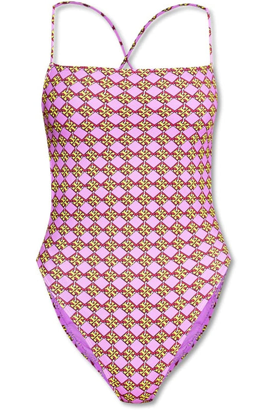 Tory Burch Women's Lavender Purple 3D Checkered One Piece Swimsuit Drawstring Back