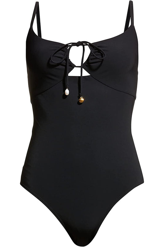 Tory Burch Women's Solid Black Ruched Tie Front One Piece Swimsuit