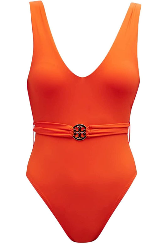 Tory Burch Women Miller Plunge One-Piece Swimsuit Dark Orange Pepper