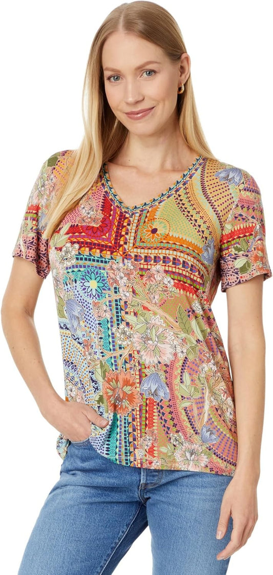 Johnny Was Women's The Janie Favorite Short Sleeve V-Neck Tee-Mosaic, Multicolor