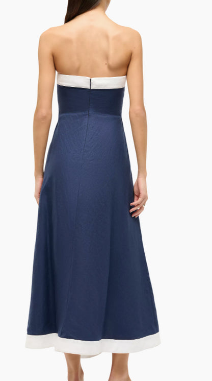 STAUD Women's Sirani Asymmetric Linen Maxi Dress, Navy/White