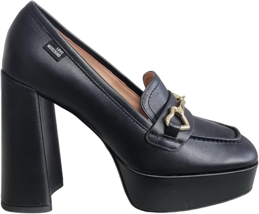 Love Moschino Women's Leather High Heel Loafers, Black