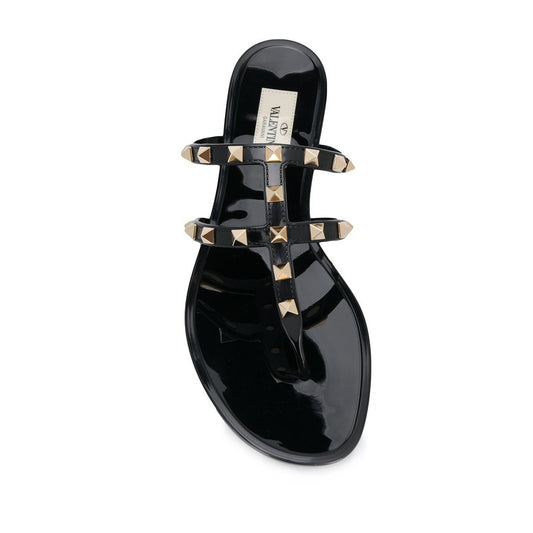 Valentino Garavani Women's Rockstud T-Strap Flat Slide Sandals, Black
