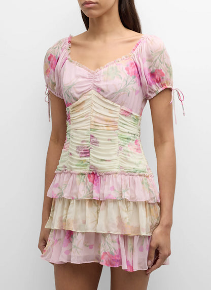 Loveshackfancy Women's Jupe Puff-Sleeve Tiered Ruffle Mini Dress, Garden Sunset
