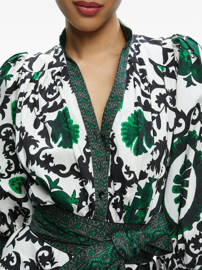 Alice + Olivia Cora Voluminous Tiered Midi Shirtdress, Monarch Light Emerald Medium