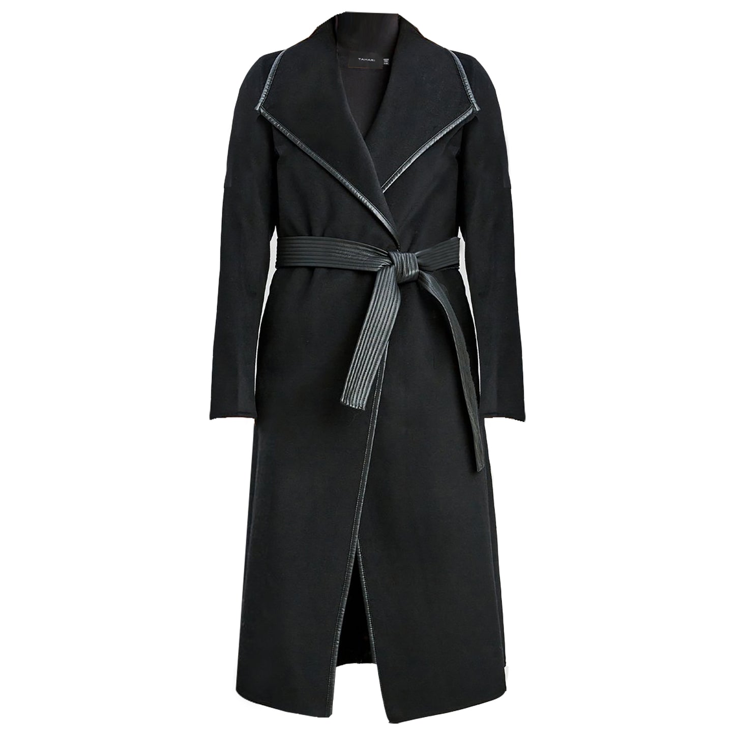 Tahari Women's Black Juliette Double Face Wool Belted Coat with Faux Leather Trim