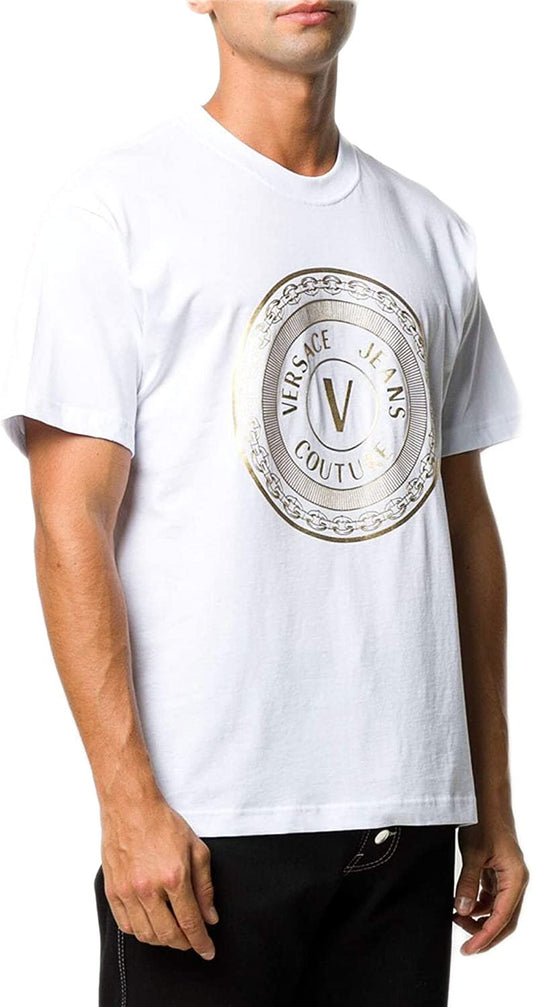 Versace Jeans Couture Men's White Gold Circle Logo Short Sleeve Crew Neck T-Shirt