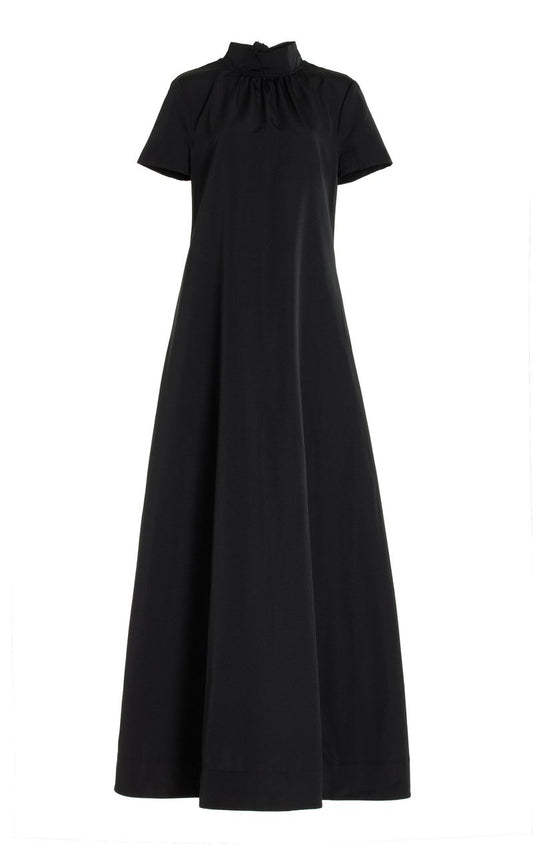 Staud Women Black Ilana Tie Back High Neck Short Sleeve Front Ruched Maxi Dress