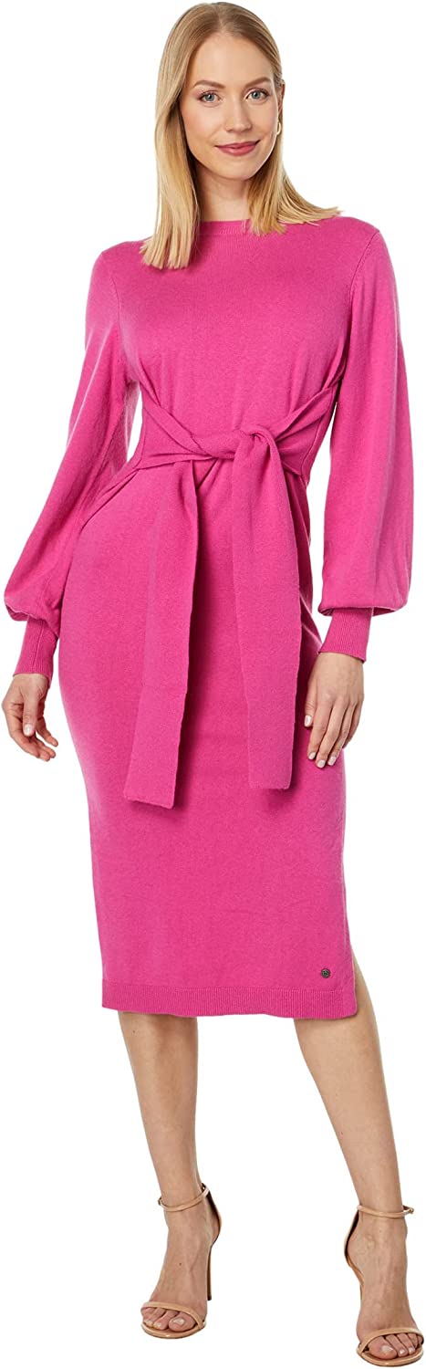 Ted Baker Women's Essya Slouchy Tie Front Midi Knit Sweater Dress Bright Pink