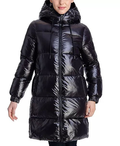 Michael Michael Kors Women's Black Down Shiny Hooded Puffer Coat 3/4 Length with Insert Vest