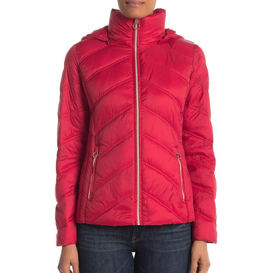 Michael Michael Kors Red Chevron Hooded Down Quilted Packable Coat Jacket