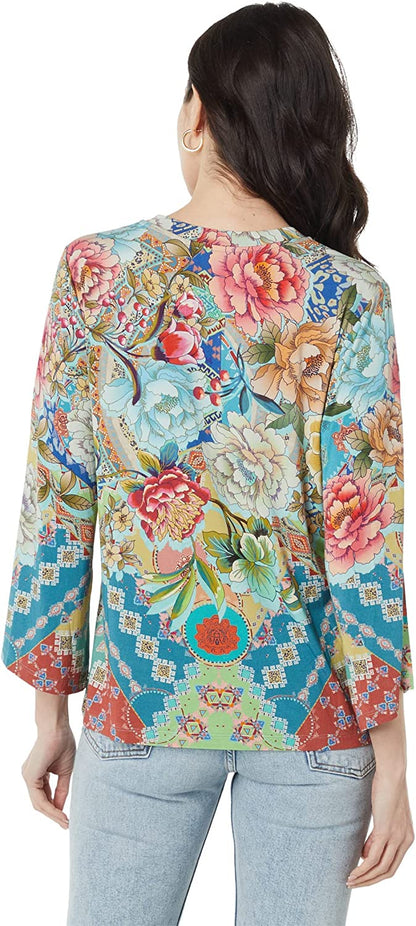 Johnny Was Women Prisma 3/4 Kimono Sleeve Bamboo Knit Tee Multi Color Floral
