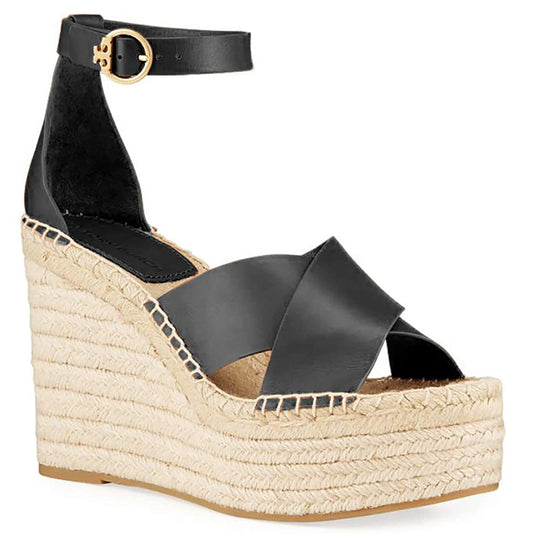 Tory Burch Selby Women's Black Leather High Heel Sandals Espadrilles