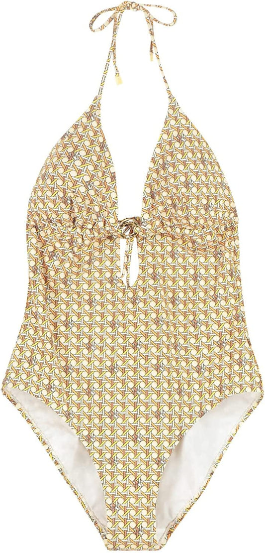 Tory Burch Women's Printed Ring One-Piece Swimsuit 3D Checkered Logo Lime