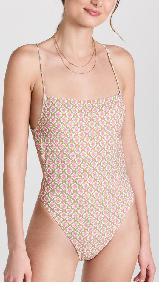 Tory Burch Women Vauban Diamond Printed Adjustable Tie-Back One-Piece Swimsuit