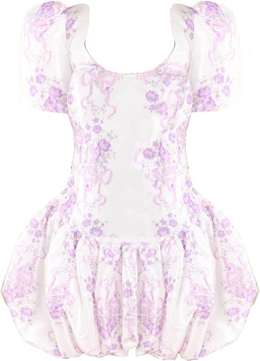 LOVESHACKFANCY Women Nelisia White Purple Floral Print Bubble Hem Mini Dress