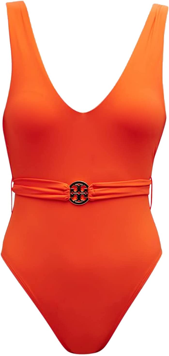 Tory Burch Women Miller Plunge One-Piece Swimsuit Dark Orange Pepper