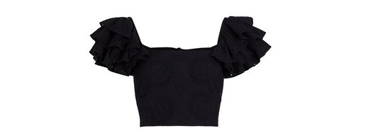 Alice And Olivia Women's Tawny Sq Nk Ruffle Crop Top 100% Cotton Blouse - Black