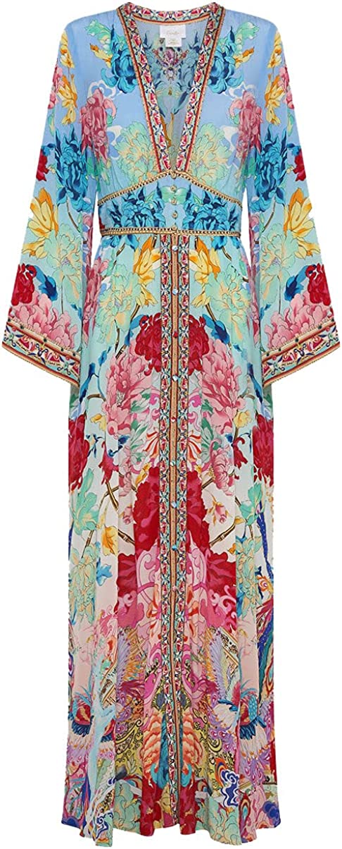 Camilla Women Kimono Sleeve Shirring Rhinestone Detail Go Stag Maxi Dress