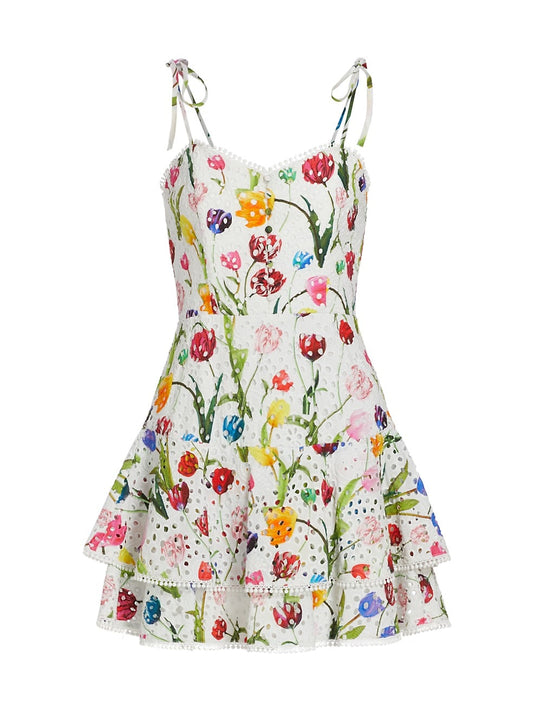 Alice + Olivia Rosette Sweetheart Neck Ruffle Mini Dress-Kiss My Tulips