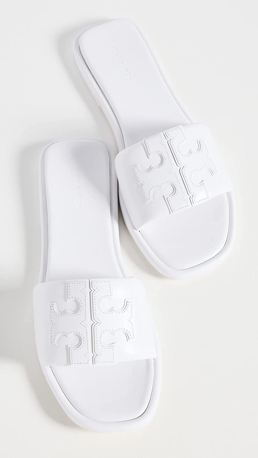 Tory Burch Women Double T Sport Slide Flats Sandals Shoes Optic White