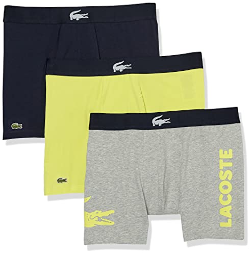 Lacoste Mens Boxer Briefs Iconic Fashion 3 PK Cotton Silver Chine/Limeira Navy