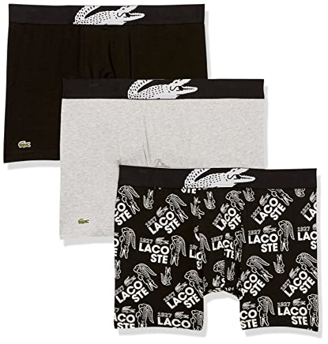 Lacoste Men's 3-Pack Casual Cotton Stretch Boxer Briefs, Black/White-Silver Chine