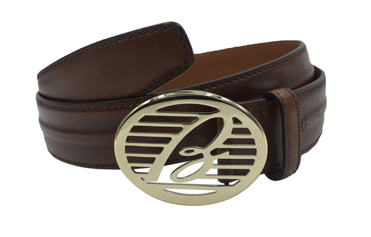 Brioni Men's Medium Brown Leather Logo Gold Buckle Belt