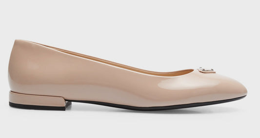 Prada Women's Cipria Beige Nude Patent Leather Calfskin Logo Ballerina Flats Shoes