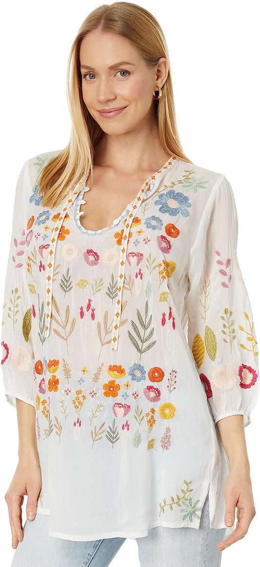 Johnny Was Women New Mikah Tunic White Long Sleeve Embroidered Blouse