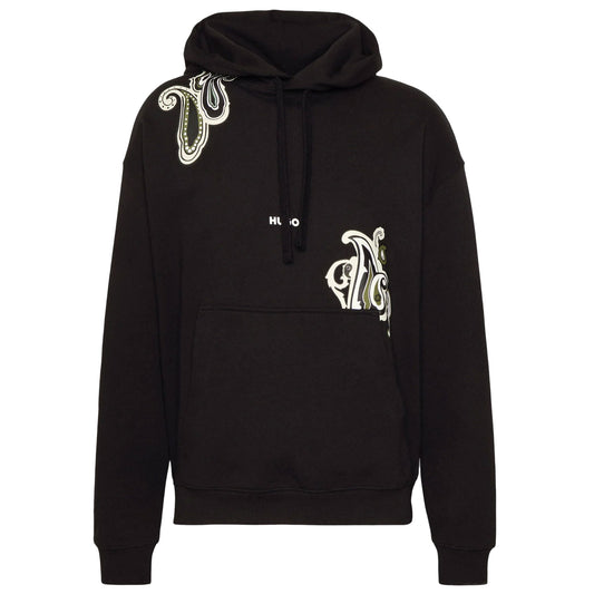 Hugo Boss Men's Black Cotton Relaxed Fit Dolias Hoodie with Paisley Design