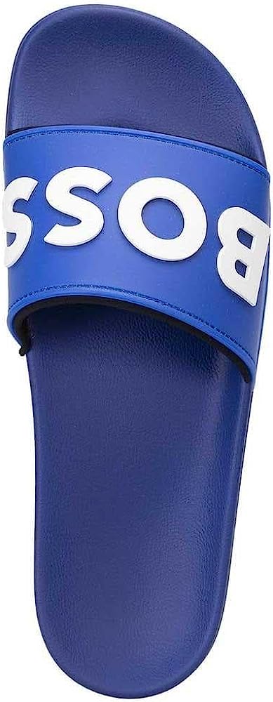 HUGO BOSS Men Kirk Bold White Logo Rubber Slide Sandal Blue