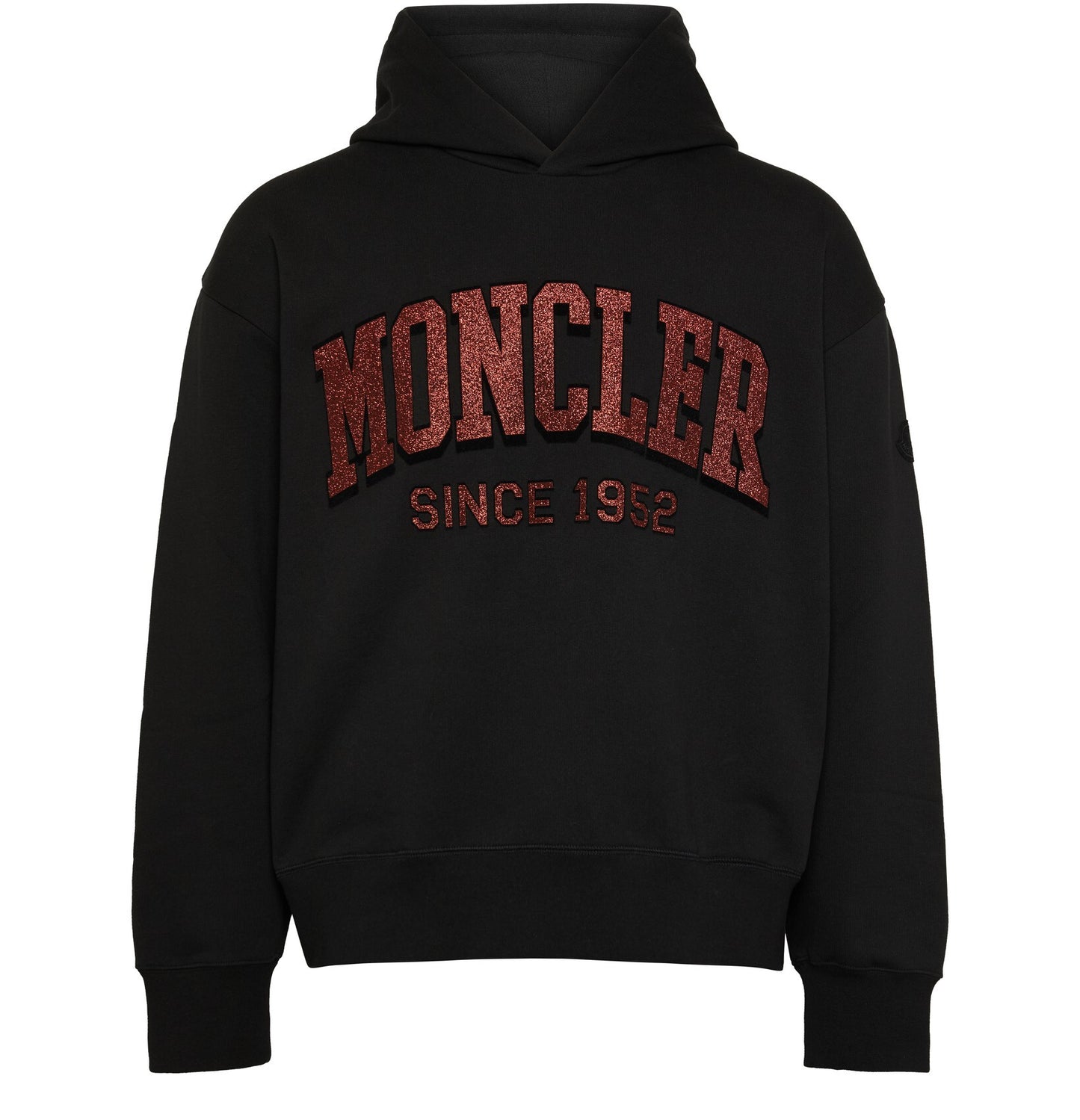 Moncler Men Red Glitter Logo Drawstrings Hooded Pullover Cotton Sweatshirt Black