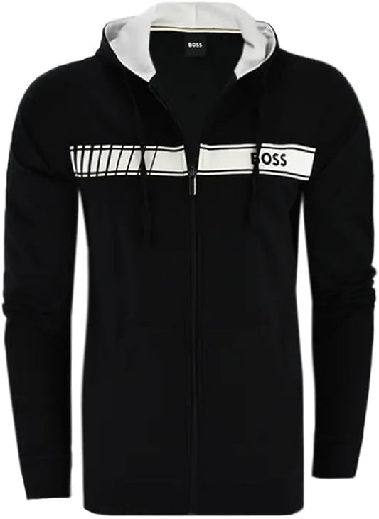 HUGO BOSS Men Authentic Zip Up Hooded Cotton Sweatshirt Black Grease