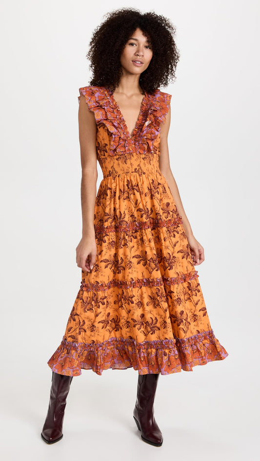 Love The Label Women Azalea Ruffled Midi Dress Beryl Mango Print
