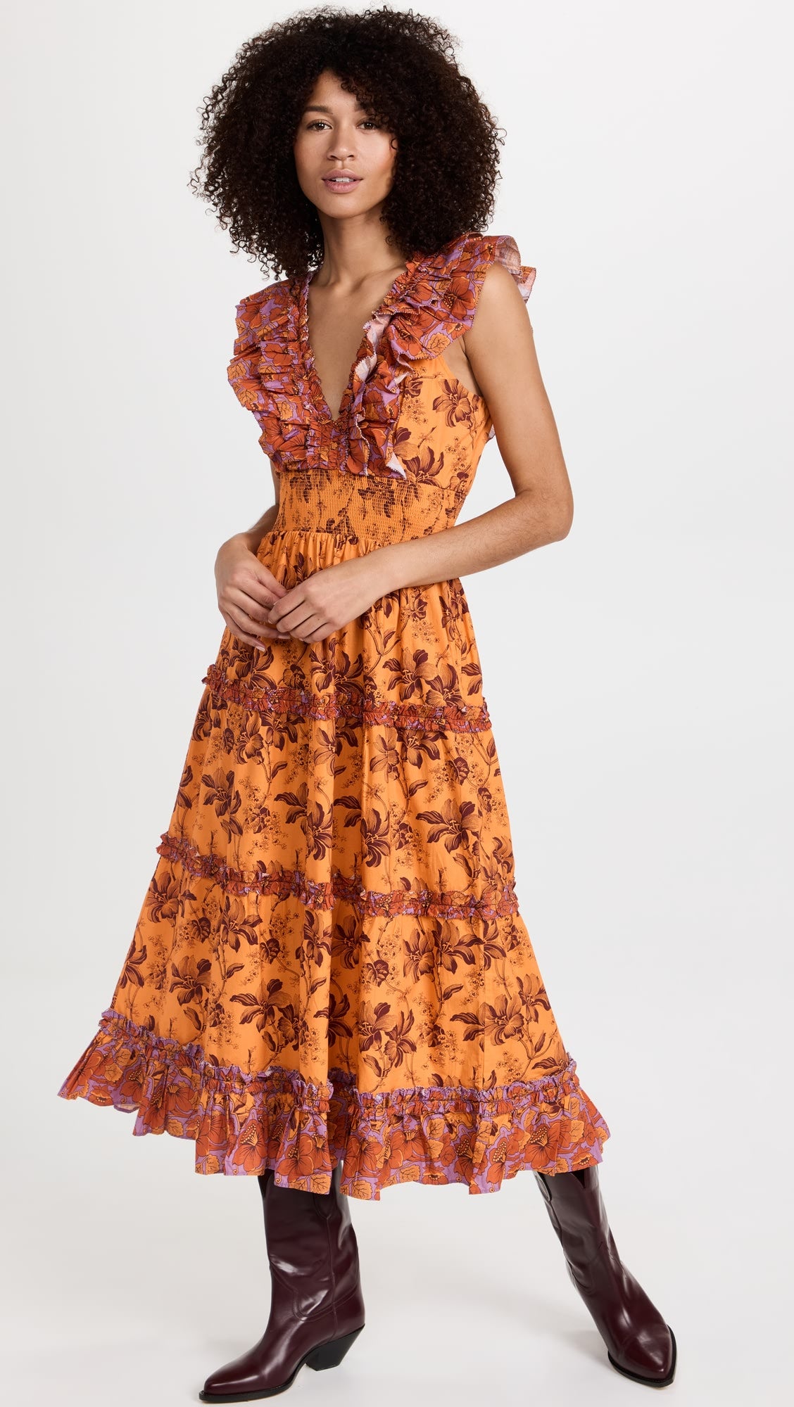 Love The Label Women Azalea Ruffled Midi Dress Beryl Mango Print