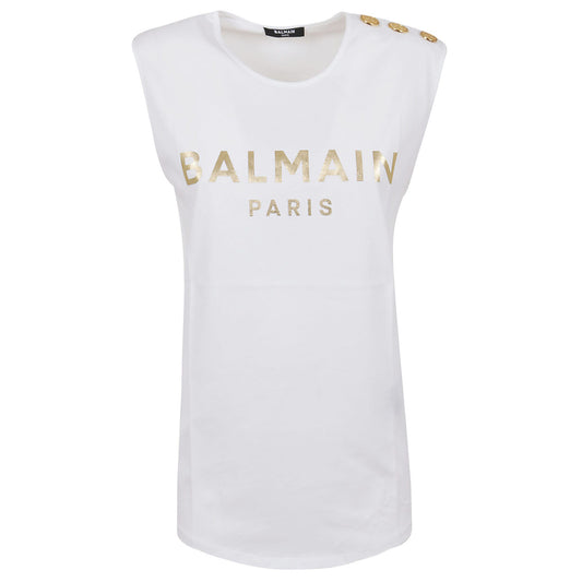 Balmain Women's White Gold Branded Logo Sleeveless Tank T-Shirt
