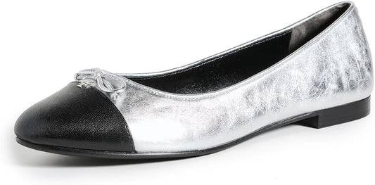 Tory Burch Women Bow Ballet Flats Metallic Leather Shoes Silver/Perfect Black
