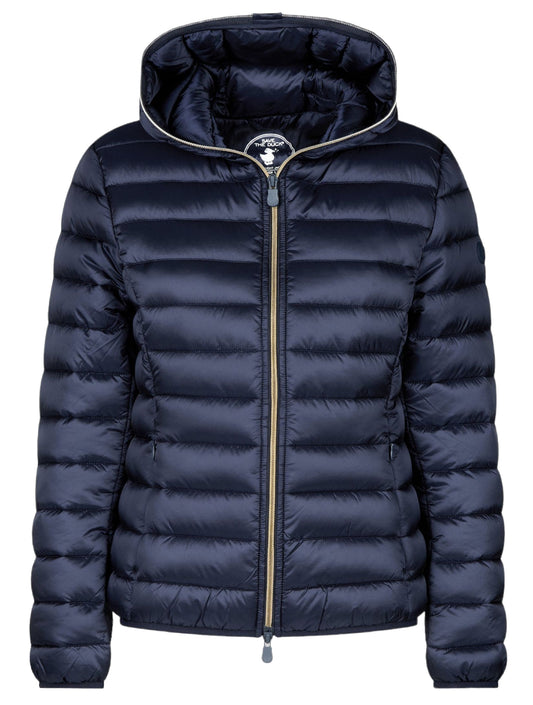 Save The Duck Women Alexis Blue Black Quilted Hooded Puffer Coat Jacket
