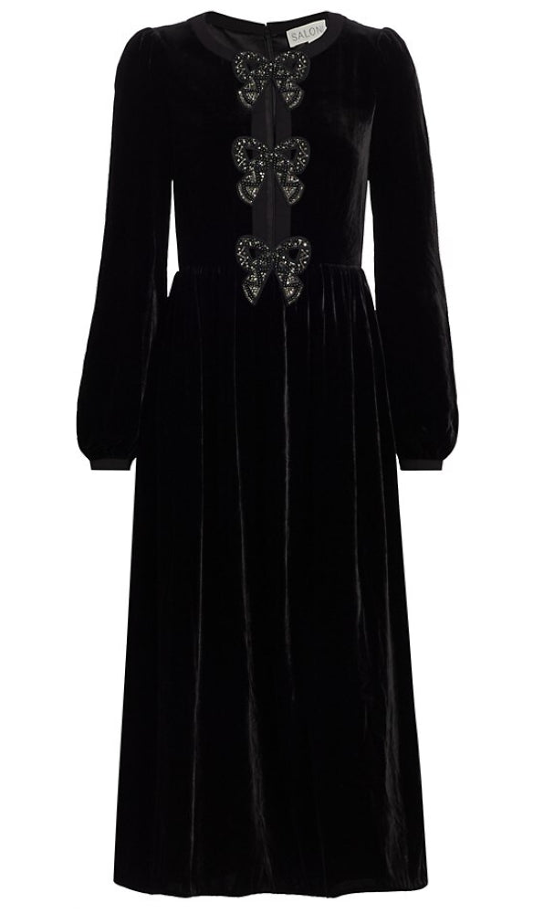 SALONI Women's Camille Bows Dress 10327, Black Velvet Midi with Bows