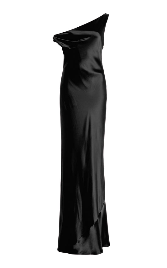 Staud Women Ashanti Drape Shoulder Satin Maxi Dress Black