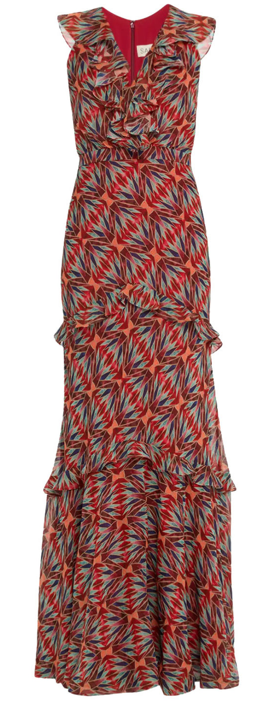 Saloni Women Silk Gerorgette Tiered Ruffled Maxi Dress 2020-Topaz