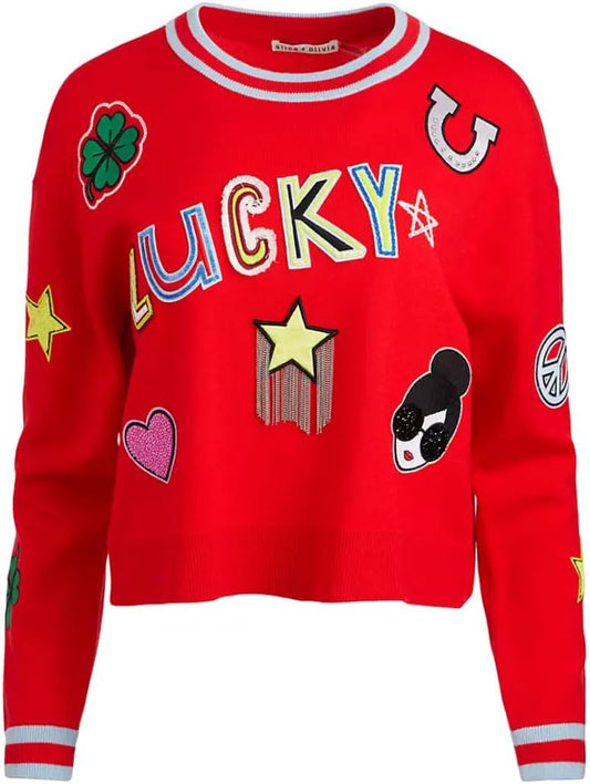 Alice + Olivia Women Gleeson Embel Patch Pullover Sweater Bright Ruby/Stripe