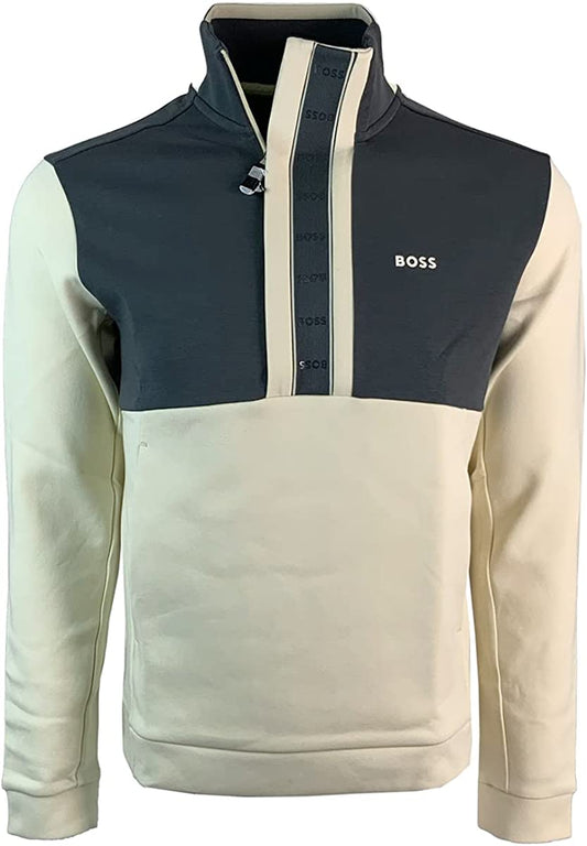 Hugo Boss Men Quarter Zip Sweatshirt Beige Gray Sweatshirt