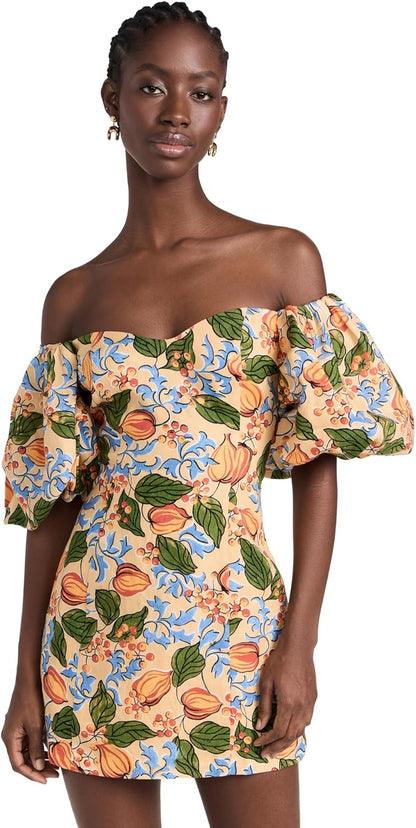 Rhode Women's 100% Linen Mini Dali Dress, Capri Orchard, Orange, Floral Mini