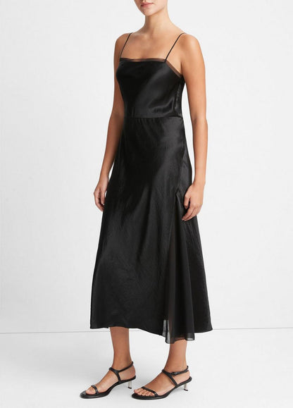 Vince Women's Sheer Panelled Midi Square Neckline Sleeveless Slip Dress Black