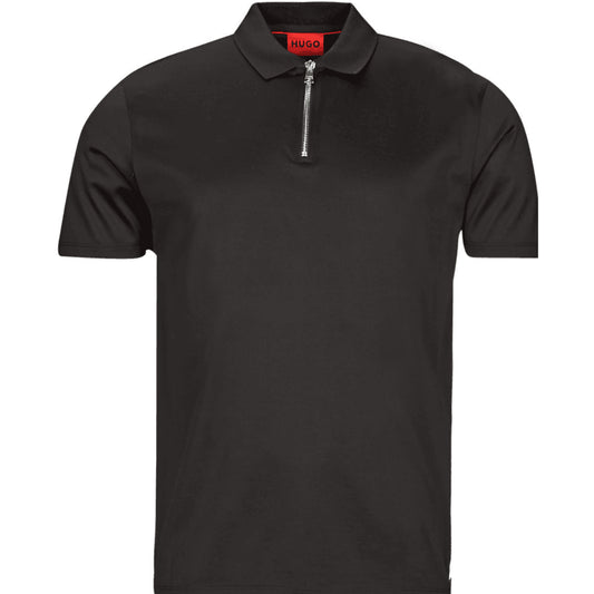 HUGO Men's Solid Black Zipper Collar Short Sleeve 100% Cotton Polo Shirt