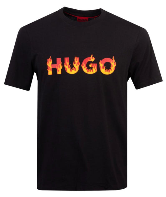HUGO Men's 100% Cotton Crew Neck Black Flames Logo Short Sleeve T-Shirt