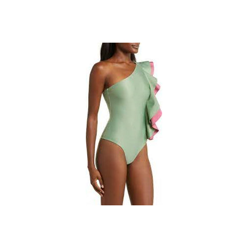Farm Rio Women Ruffled One Shoulder Strap One Piece Swimsuit Green