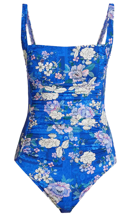 Johnny Was Women 100% Nylon Blue Dove Ruched Squareneck One Piece Multi